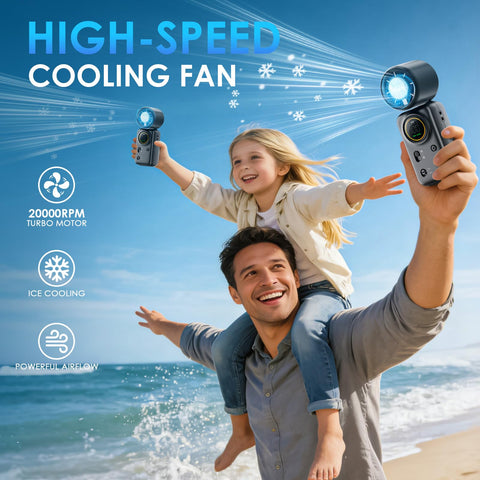 FurBall 4-IN-1 portable fan showing versatility for handheld, neck, desk, and bag use.