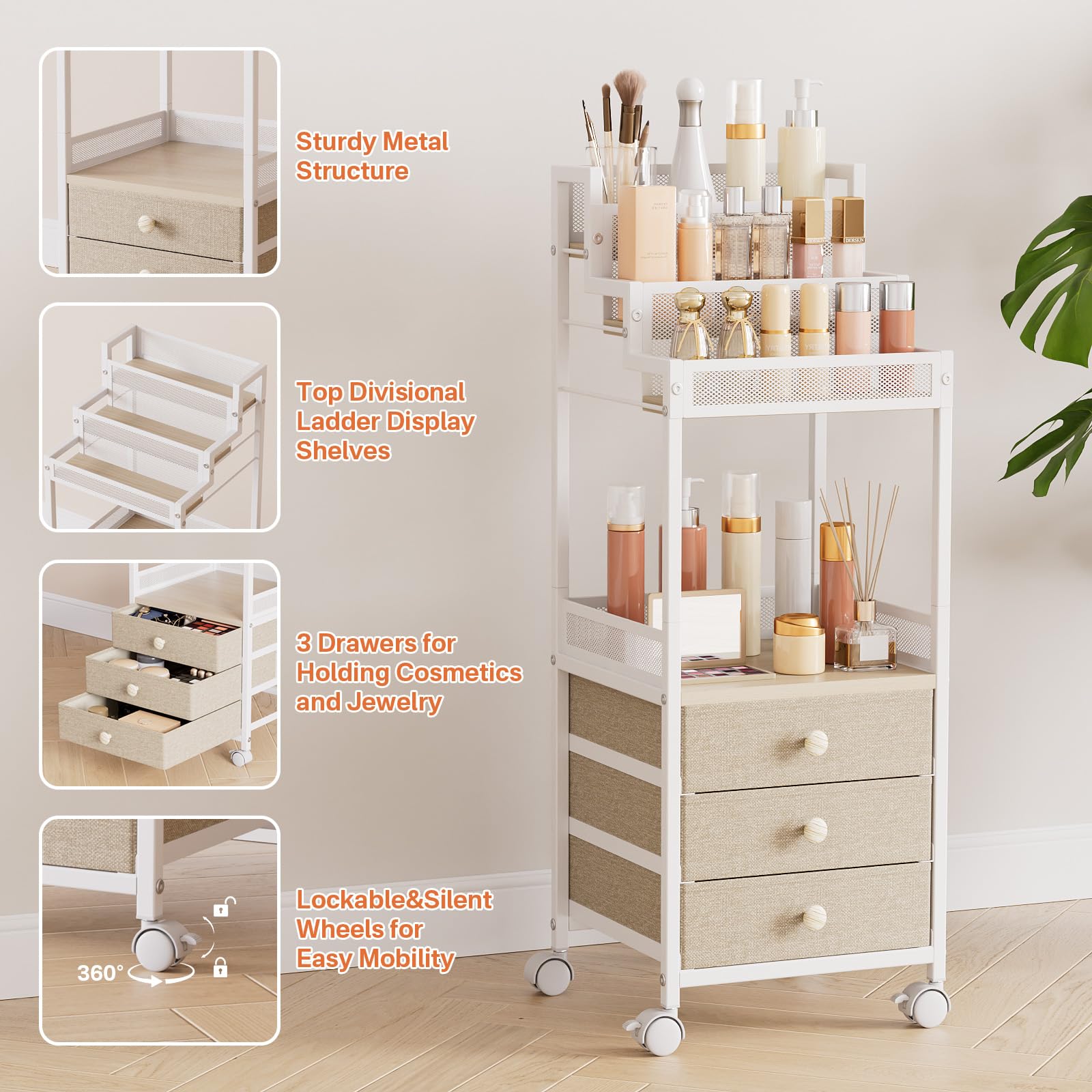FURFUN bathroom stand brake wheels securely lock the cart.