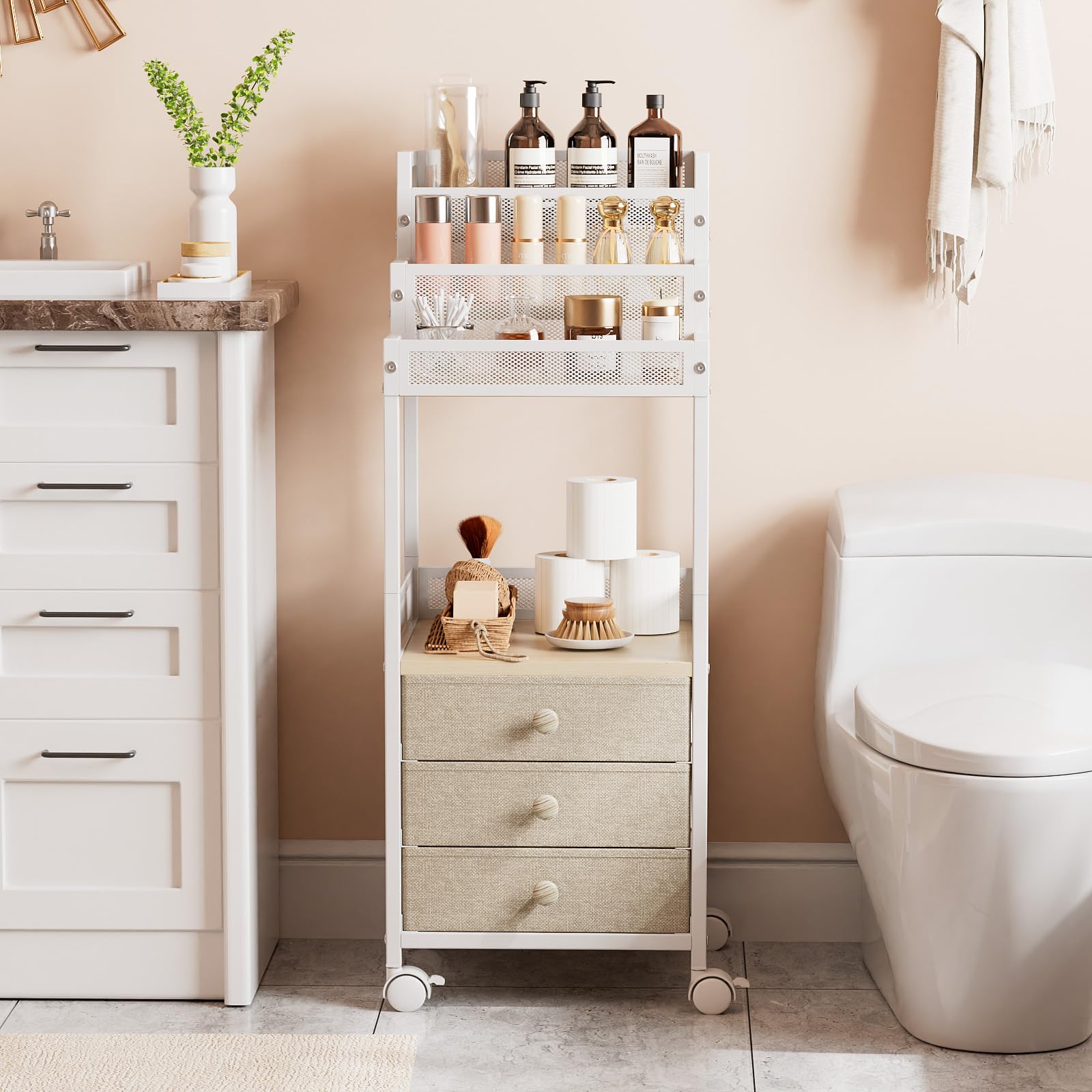 FURFUN bathroom stand middle open shelf fits taller items like toner bottles.