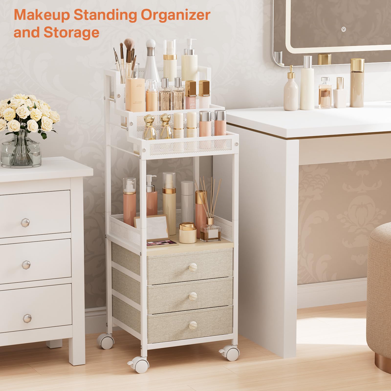 FURFUN bathroom stand three-drawer storage keeps skincare and jewelry organized and dust-free.