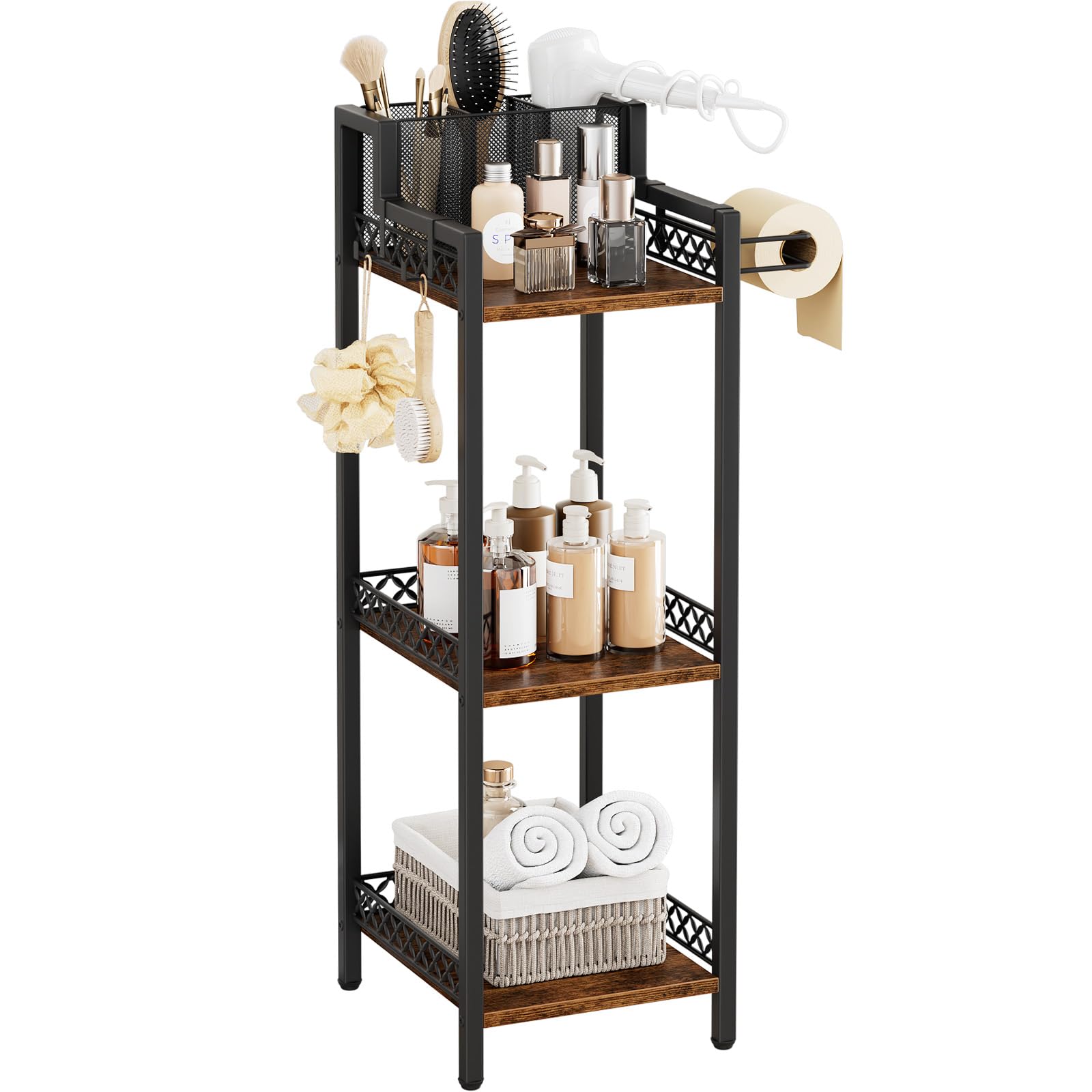 FURFUN 3-tier bathroom shelf in rustic brown fits compact corners with organized storage.