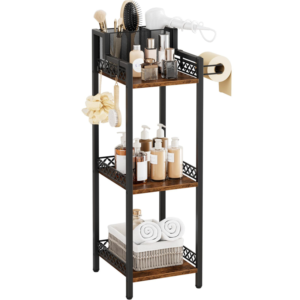 FURFUN 3-tier bathroom shelf in rustic brown fits compact corners with organized storage.