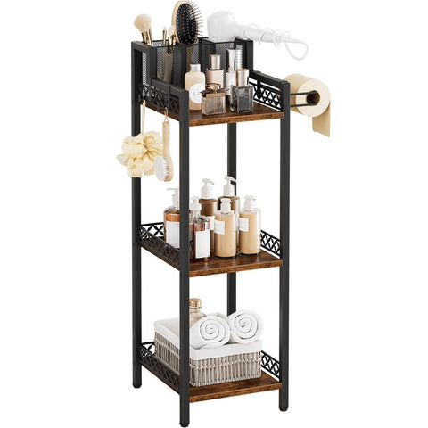 FURFUN 3-tier bathroom shelf in rustic brown fits compact corners with organized storage.