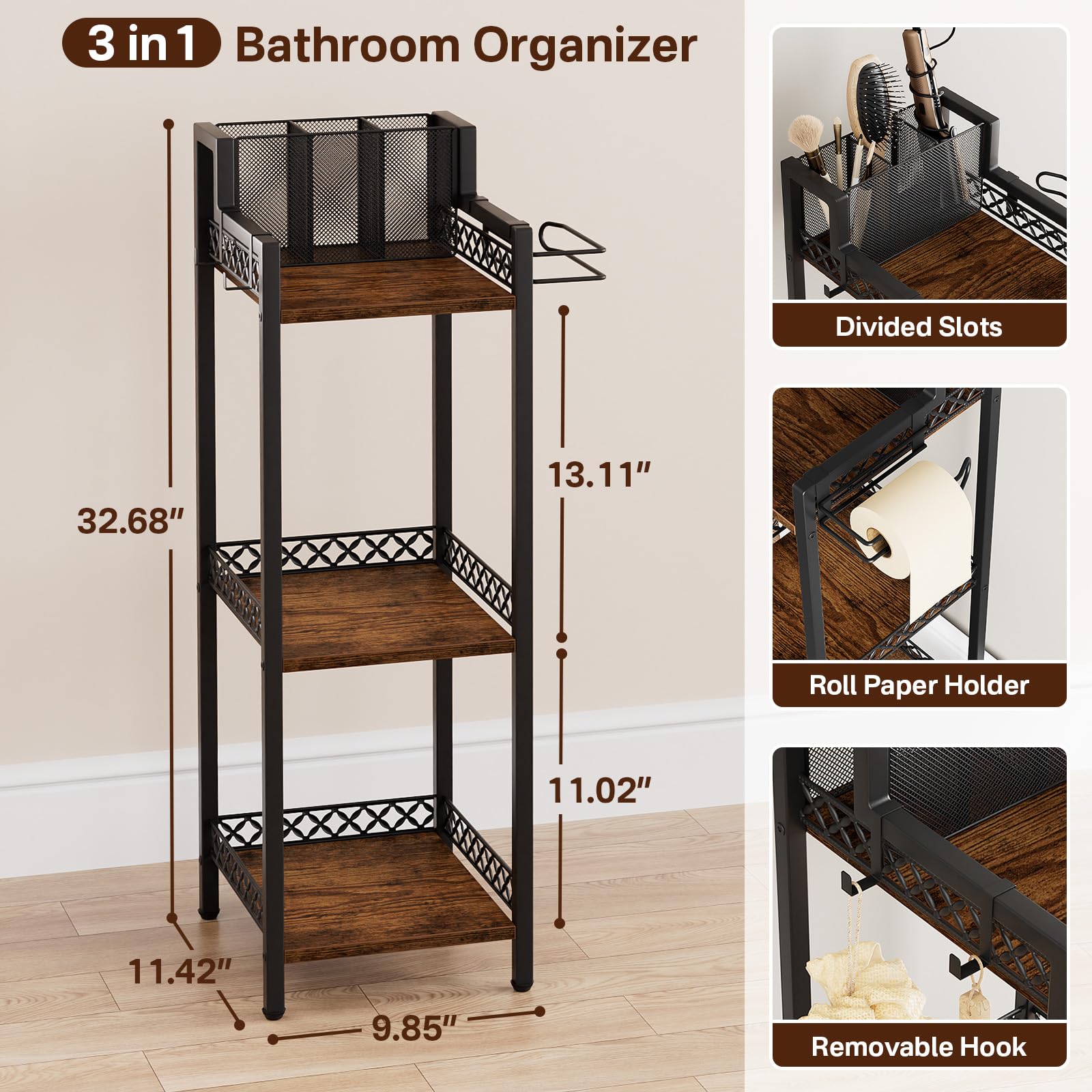 Top tier removable compartments for hair dryers and curling irons on FURFUN shelf.