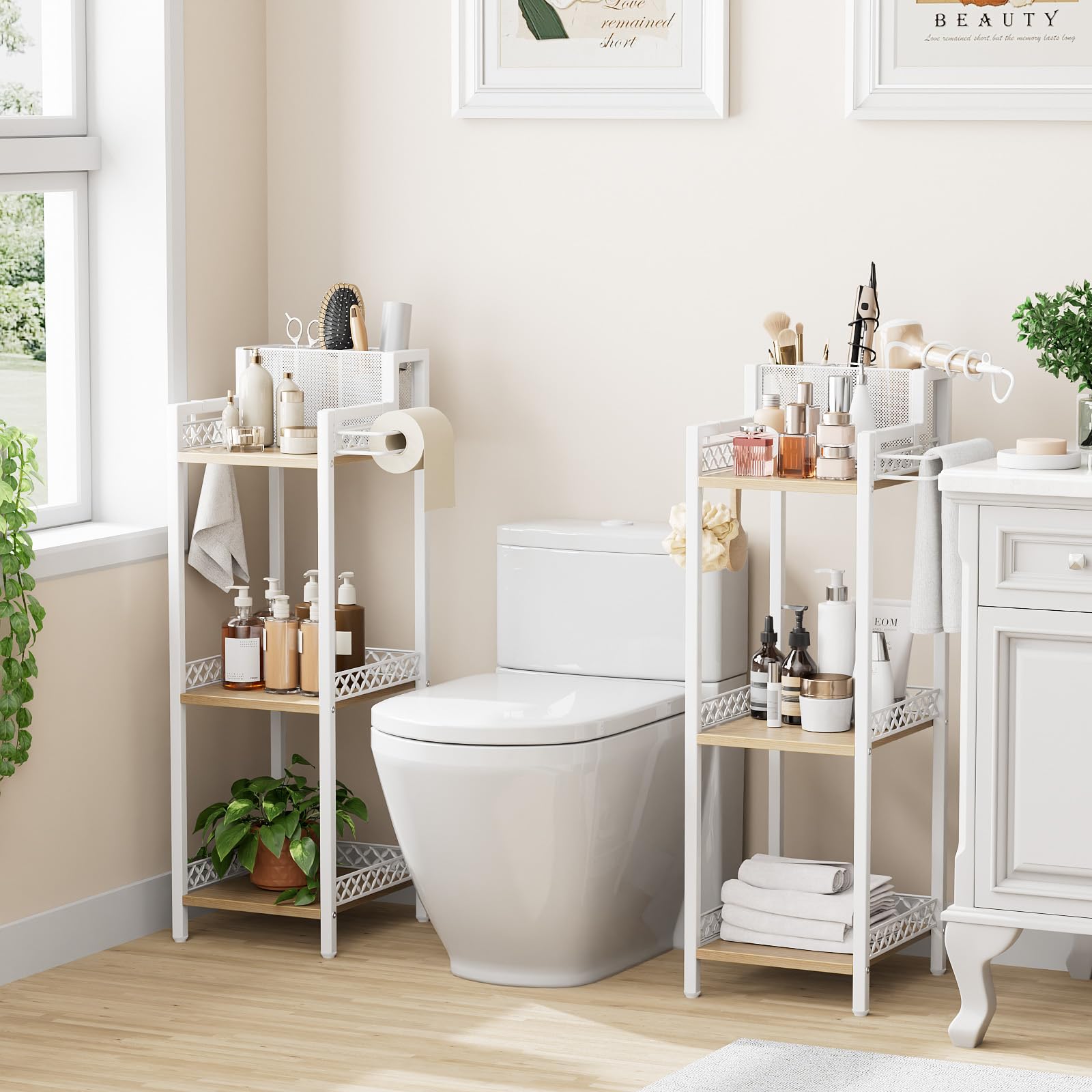 FURFUN middle shelf stores toilet paper rolls and towels efficiently.