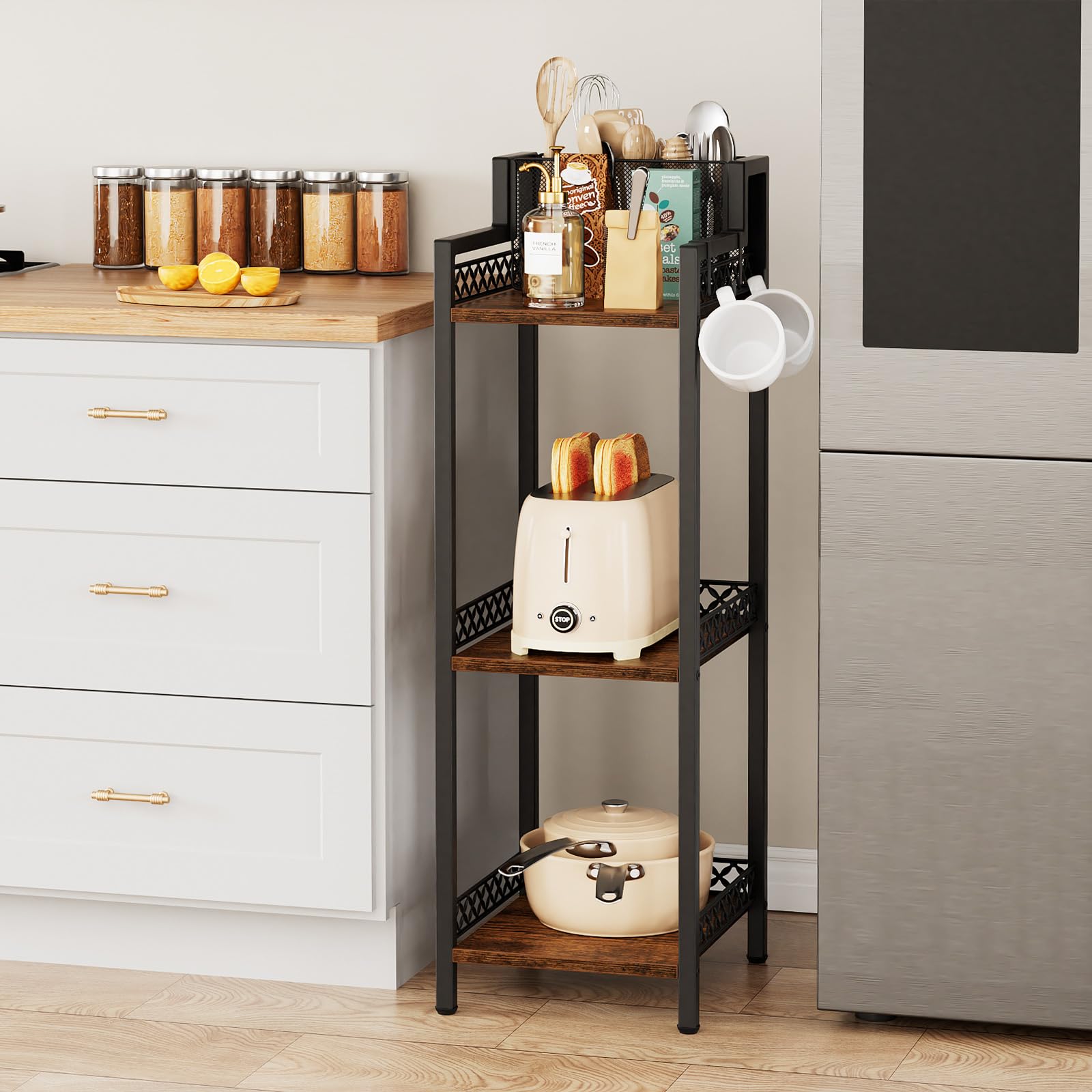 Rustic farmhouse design of the FURFUN shelf with decorative accents.