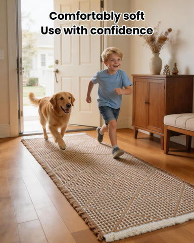 Furicher runner placed in front of kitchen and hallway for practical use