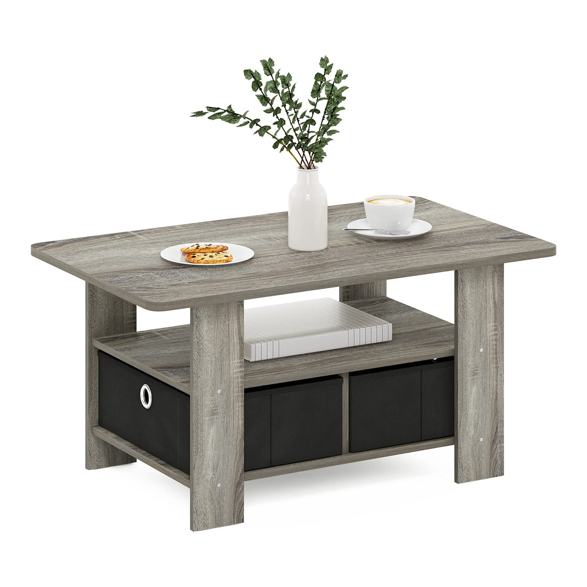 Furinno Andrey coffee table with bin drawer front view for tidy living spaces