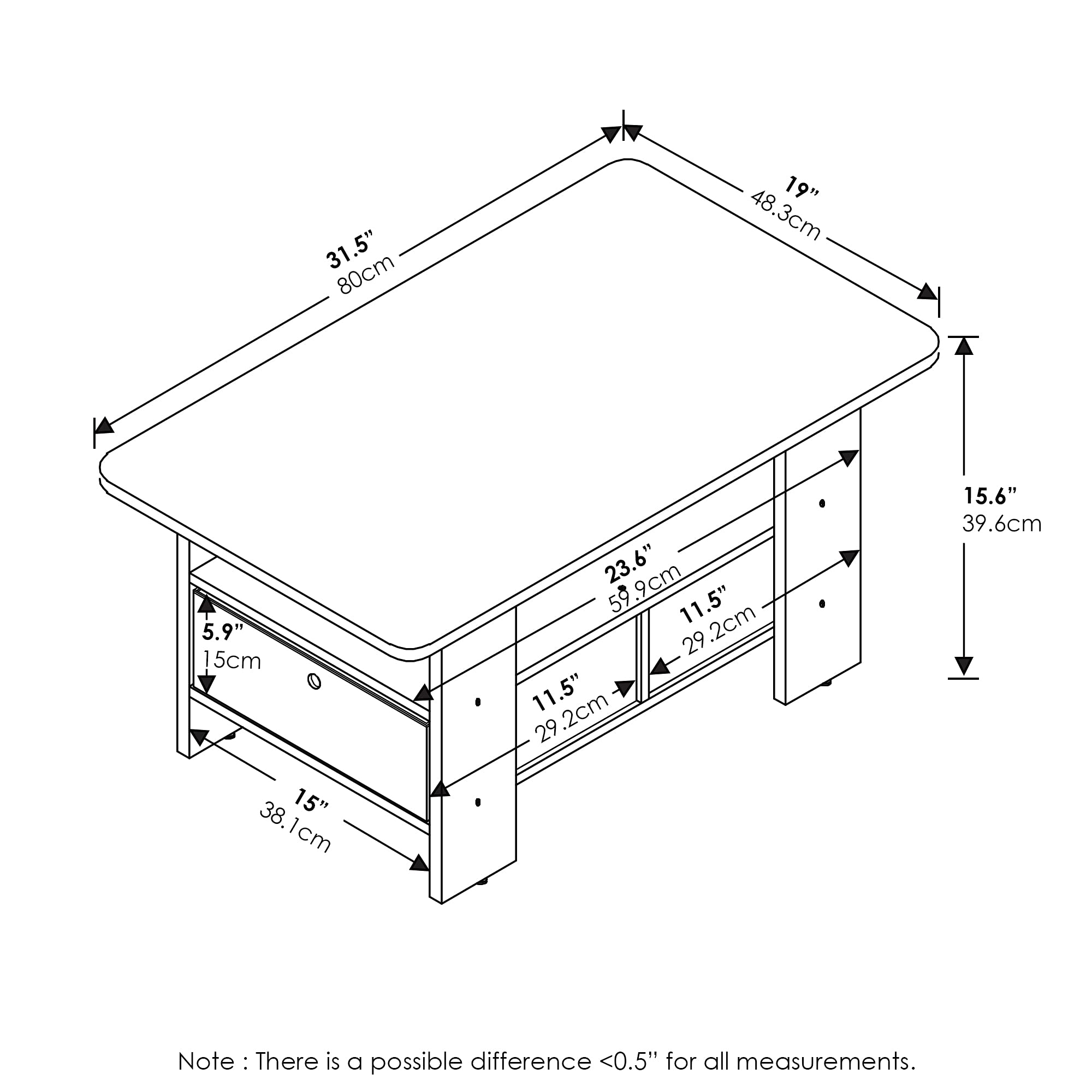 Furinno Andrey coffee table drawer close-up highlighting durable composite wood