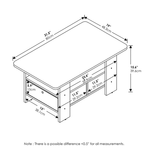 Furinno Andrey coffee table drawer close-up highlighting durable composite wood