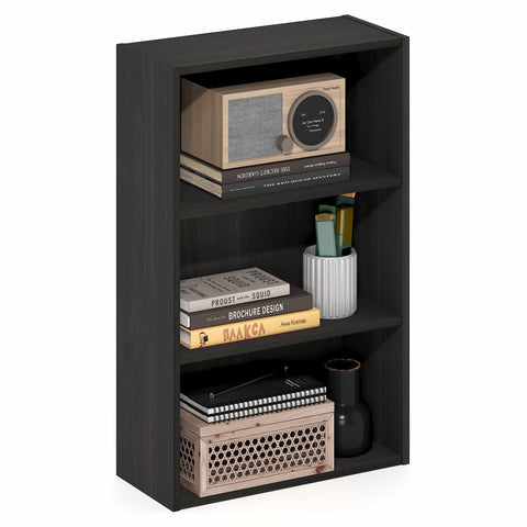 Furinno Basic 3-Tier open shelf displaying books and decor in espresso finish.