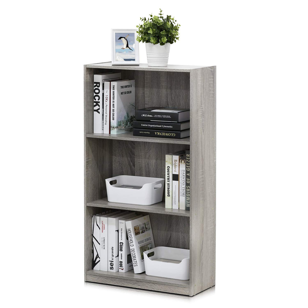 Furinno BASIC 3-tier shelf with open shelves for compact storage and display.