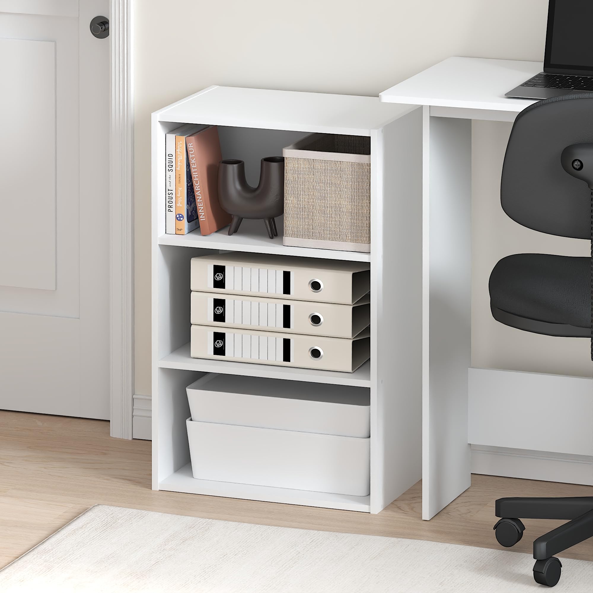 Furinno Basic Book Shelf front view in white showcases versatile living space