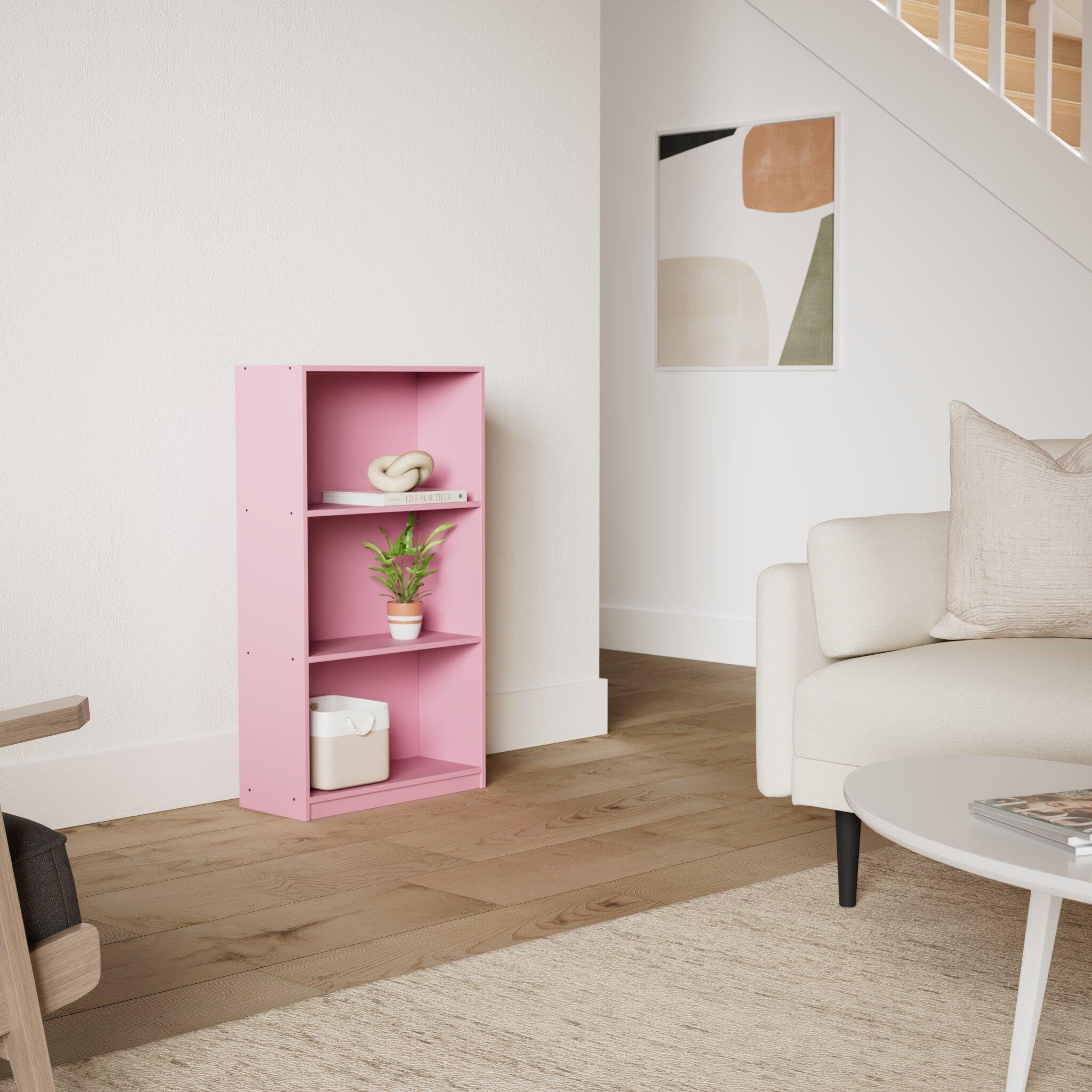 Furinno BASIC Book Shelf pink front view showing compact storage