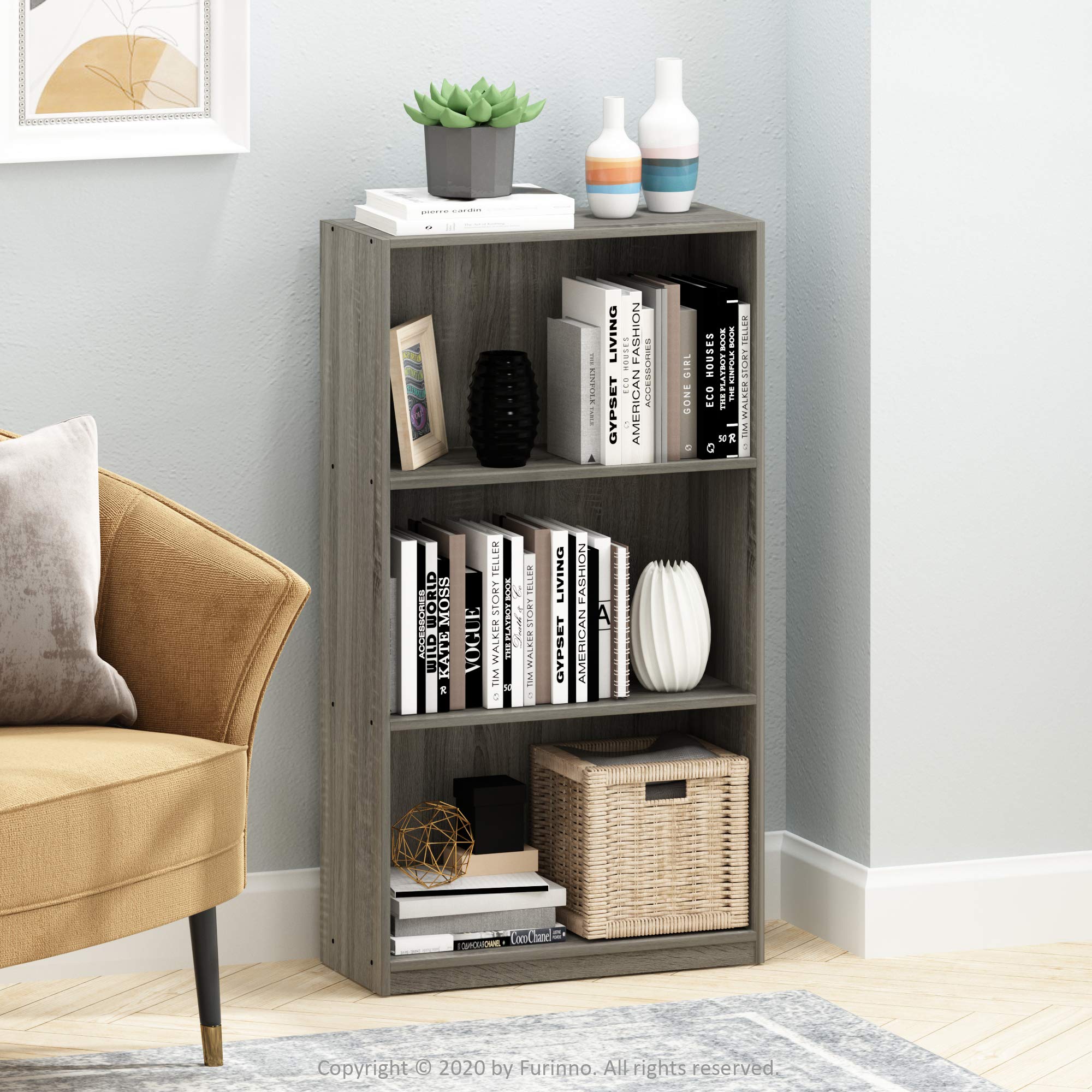 Furinno BASIC shelf side view shows sturdy frame and back panel stability.