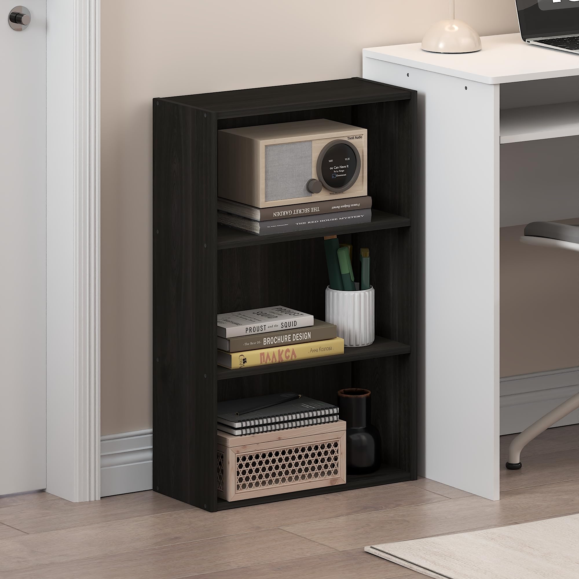 Furinno Basic bookshelf organizing office supplies on the top shelf.