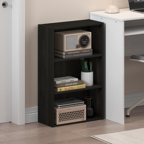 Furinno Basic bookshelf organizing office supplies on the top shelf.