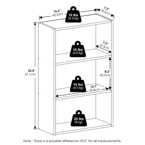 Furinno Basic bottom shelf supports up to 20 lbs for heavier items.