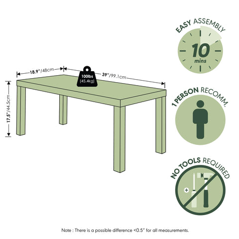 Furinno Classic coffee table side view highlighting rounded corners for safety.