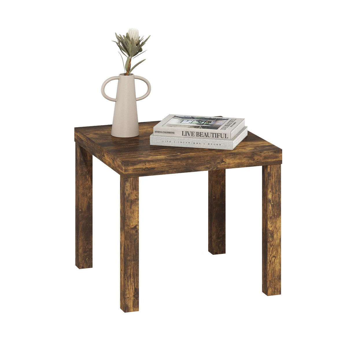 Furinno Classic Side Table amber pine top provides a sturdy versatile surface.
