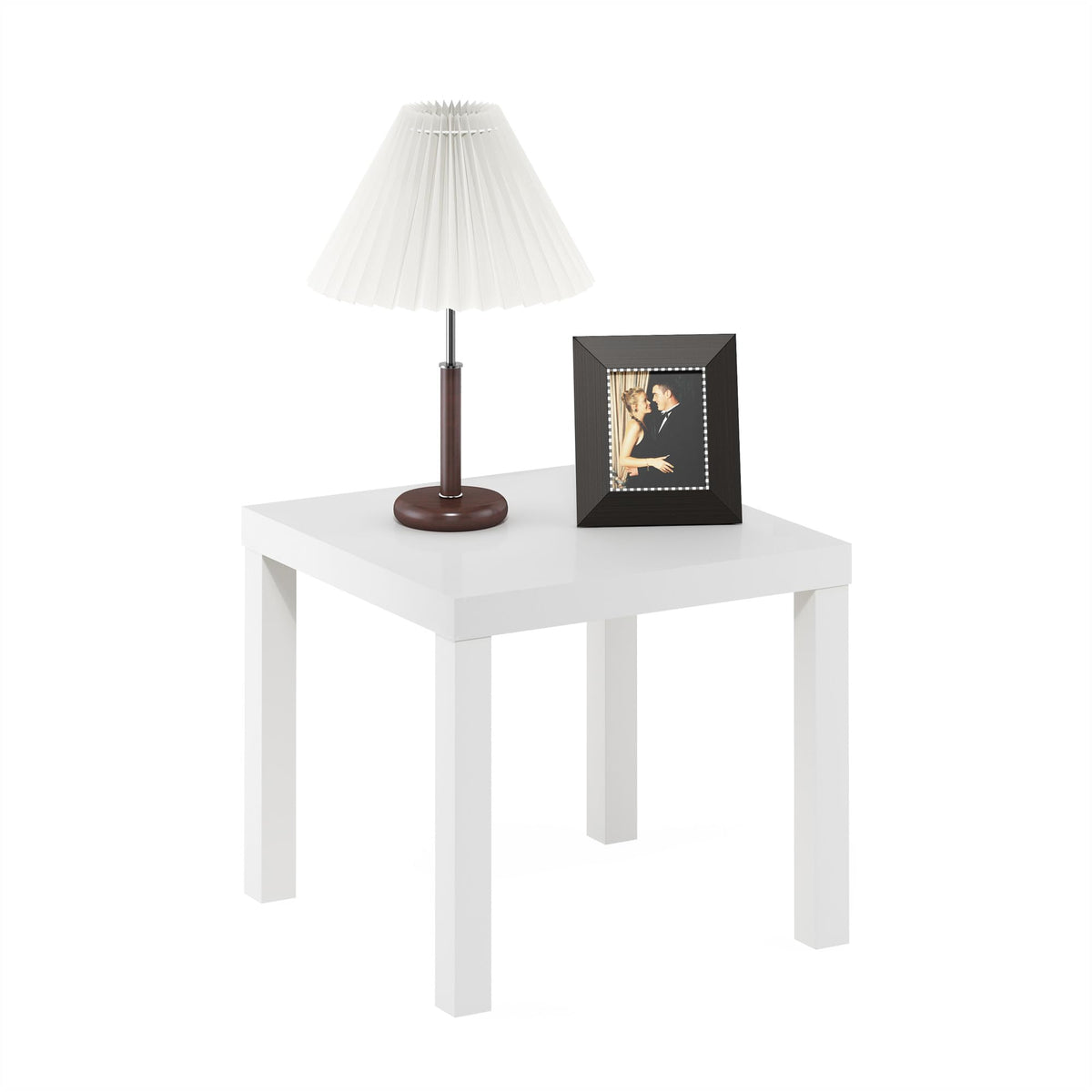 Furinno Classic Side Table square top provides versatile surface for lamps and decor.