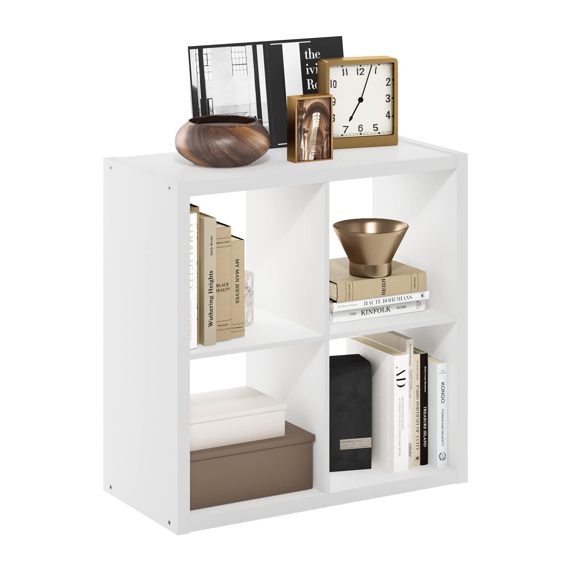 Furinno Cubicle 4-Cube White front view shows tidy open storage.
