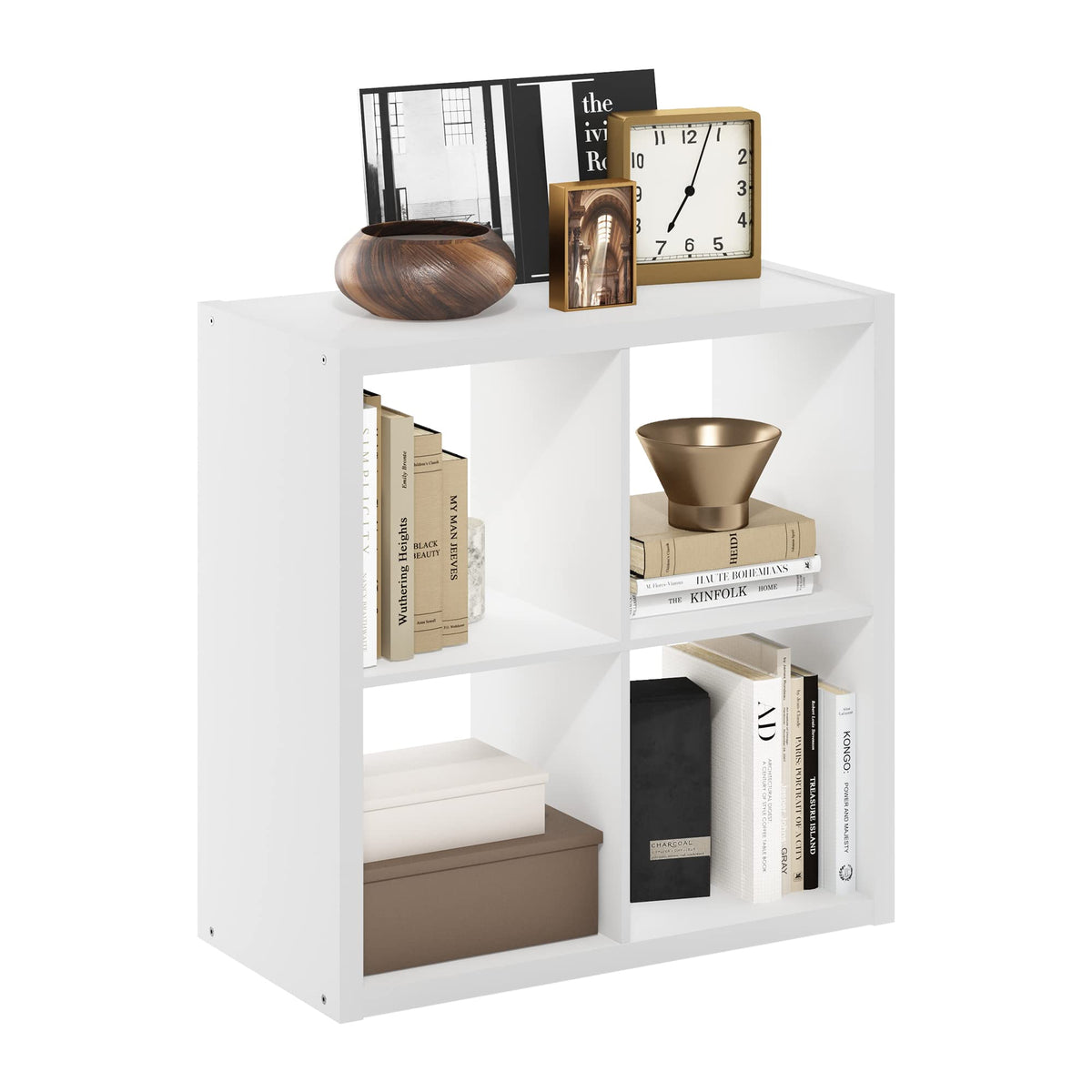 Furinno Cubicle 4-Cube White front view shows tidy open storage.