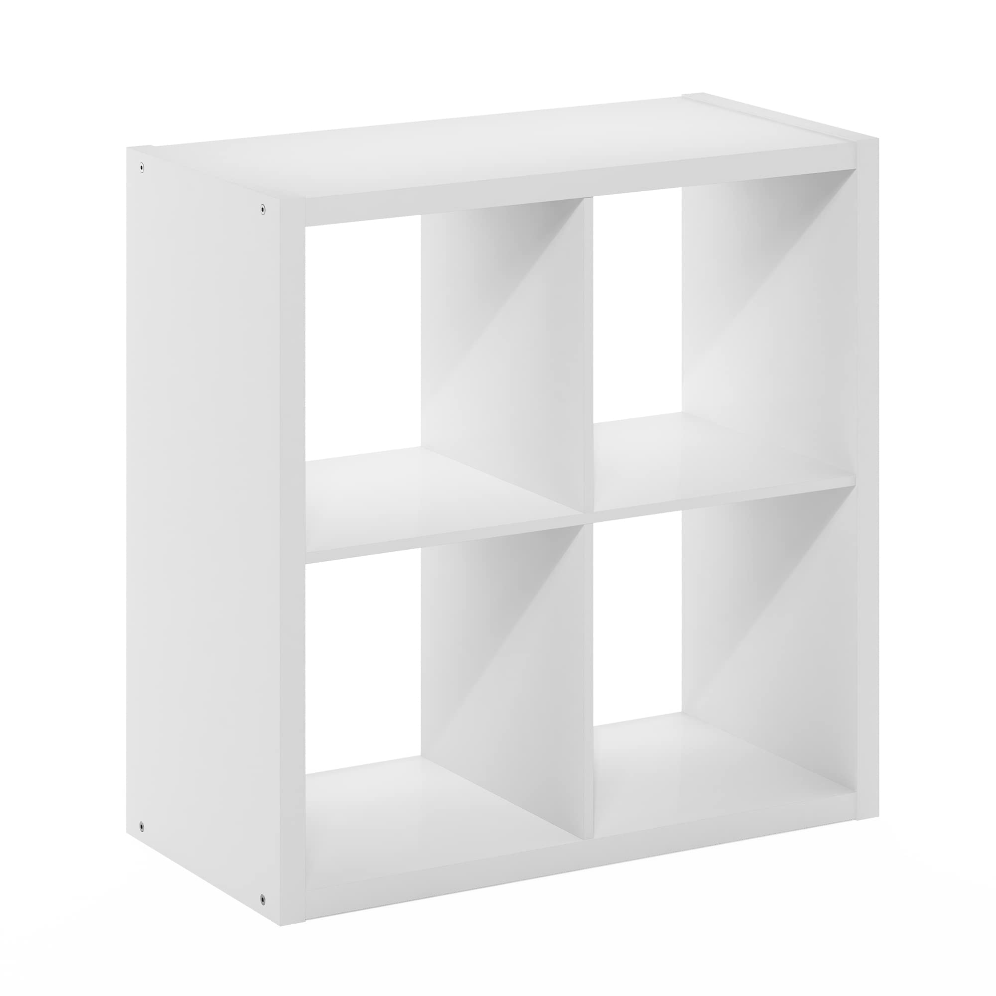 Storage display supports books, decor, and office supplies.