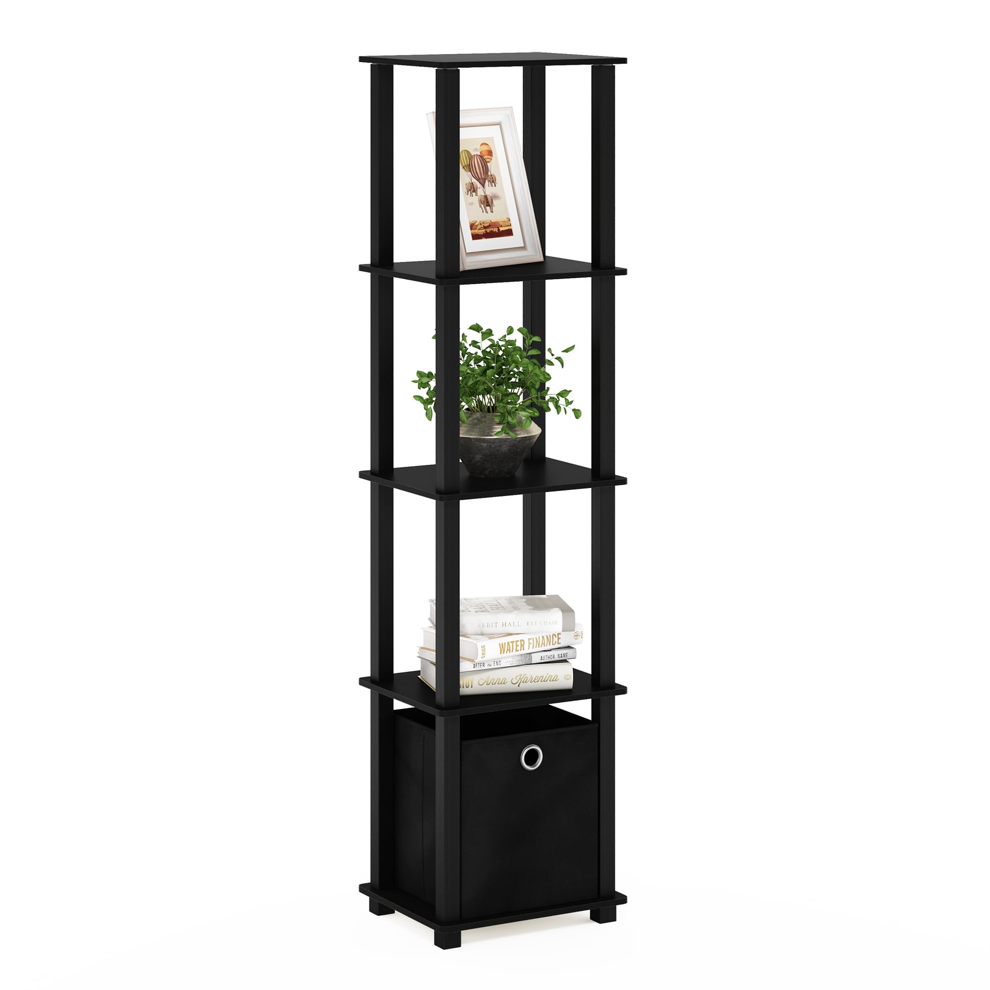 Furinno decorative shelf with bin in black for compact living spaces.