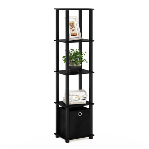 Furinno decorative shelf with bin in black for compact living spaces.