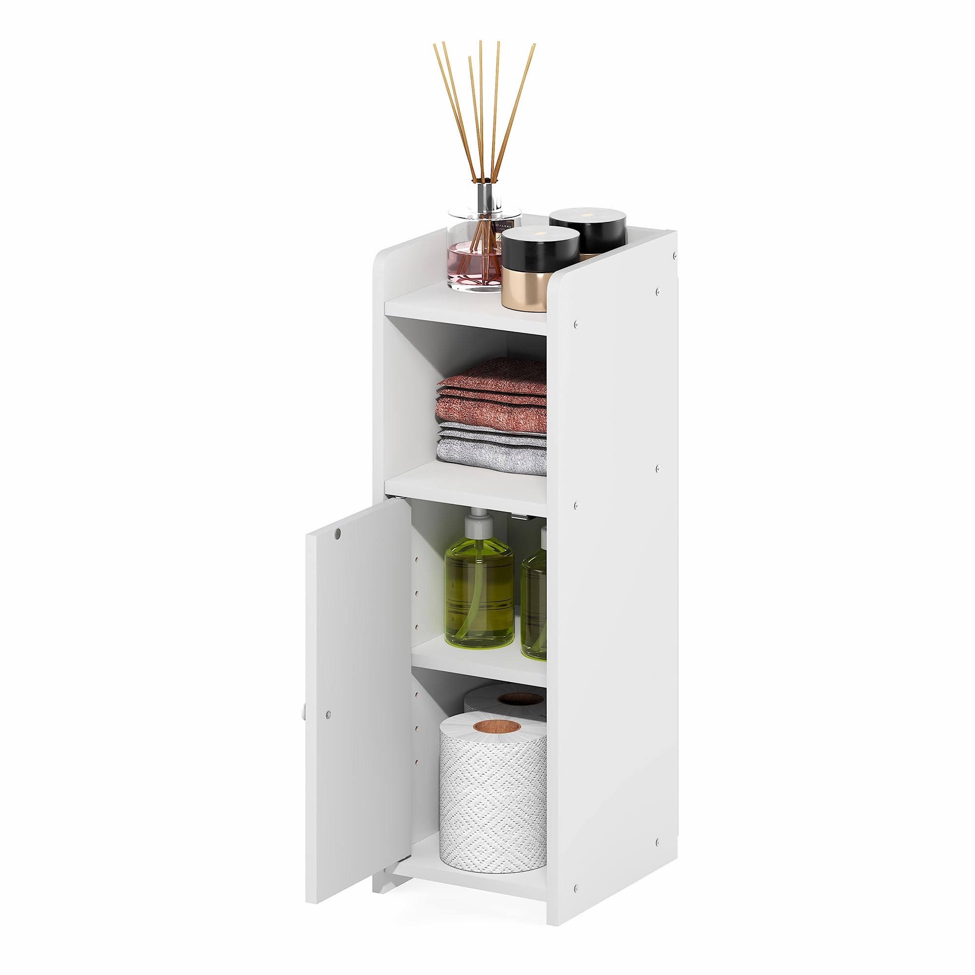 Furinno Fulda adjustable shelves adapting to bottles of varying heights