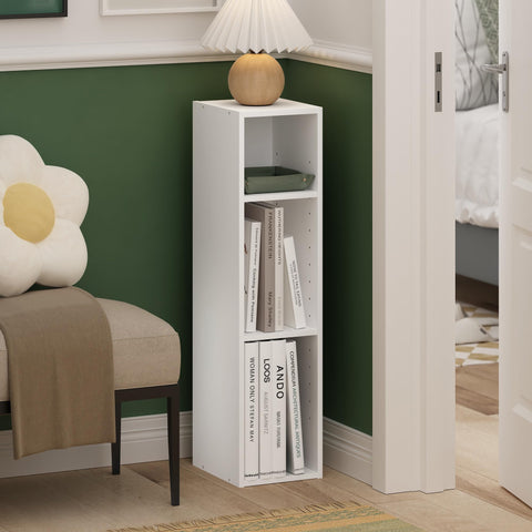 Furinno Fulda book shelf side view, narrow profile for tight corners.