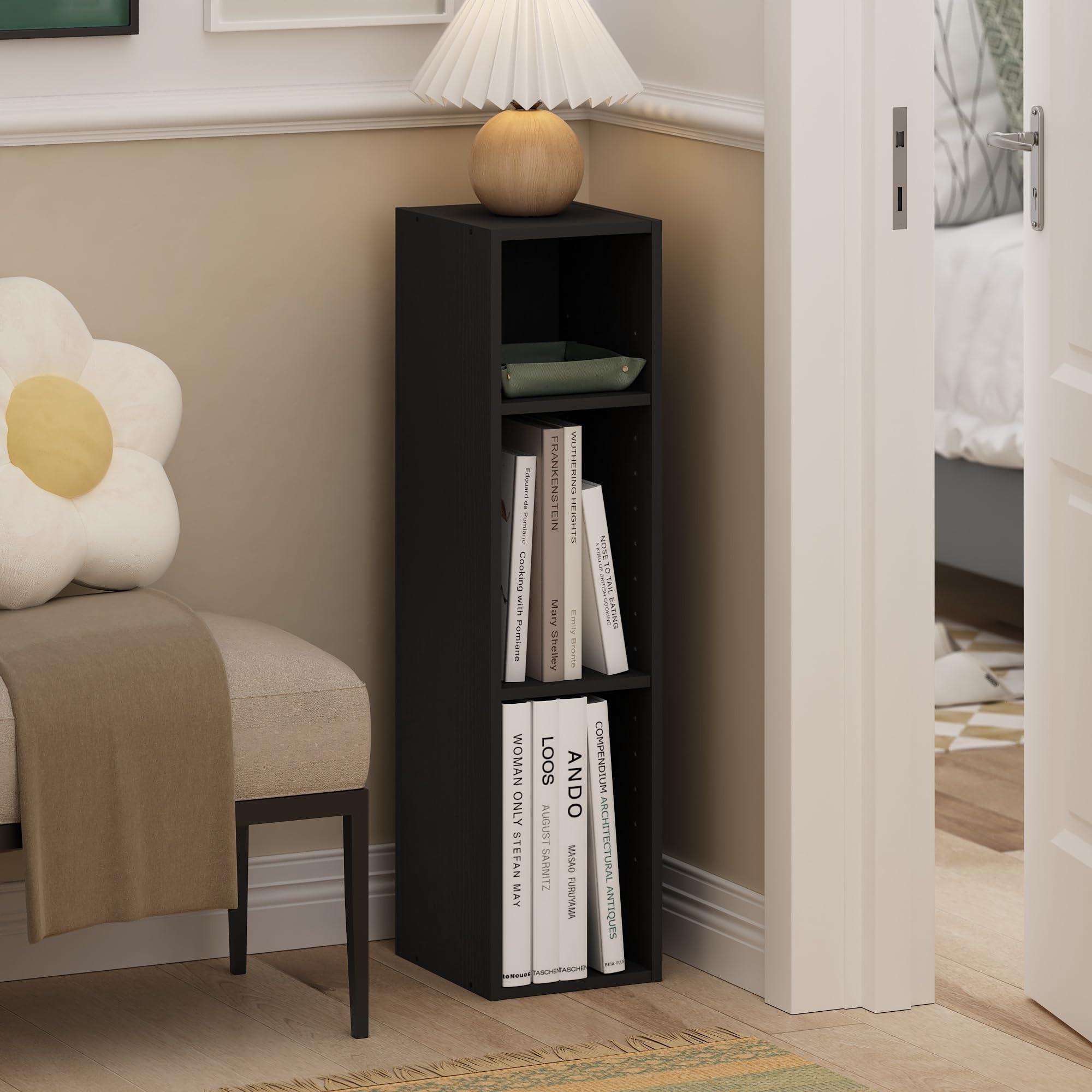 Furinno Fulda slim bookcase side view showing narrow profile.