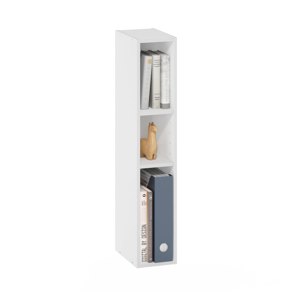 Furinno Fulda slim space-saving bookshelf shown in a compact corner setup