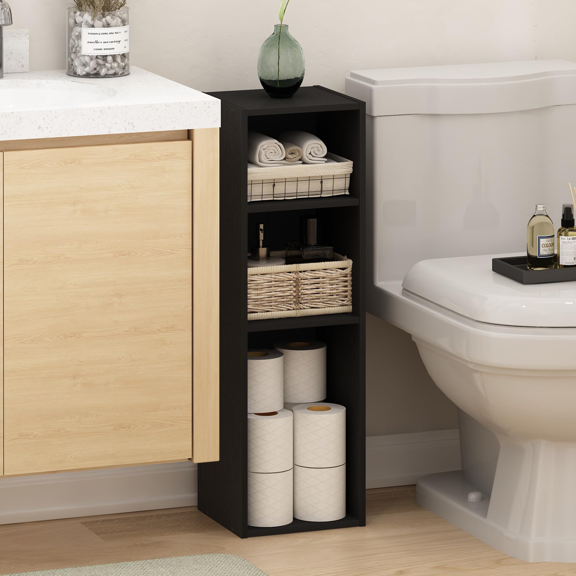 Furinno Fulda three-tier open storage showcases books and decor while saving floor space.