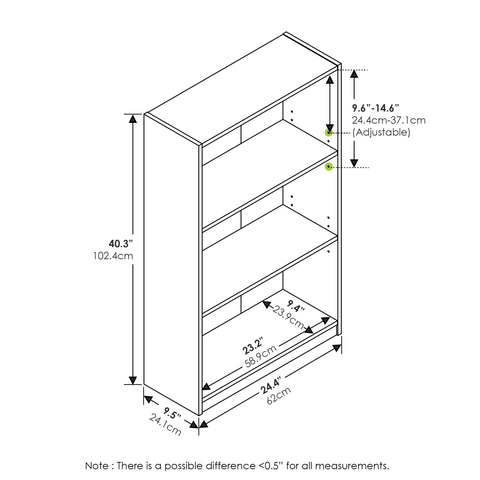 Furinno Jaya 3-Tier Shelf back panel adds stability for safe display.
