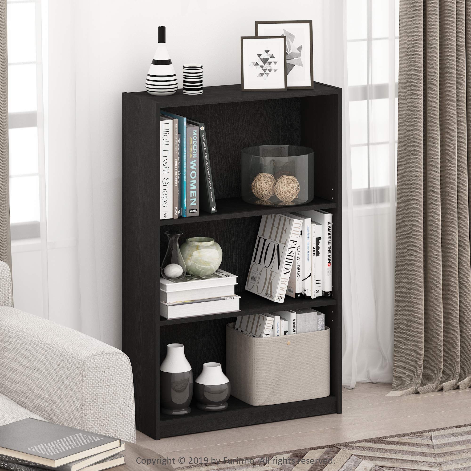Furinno Jaya 3-Tier Shelf side view shows compact footprint.