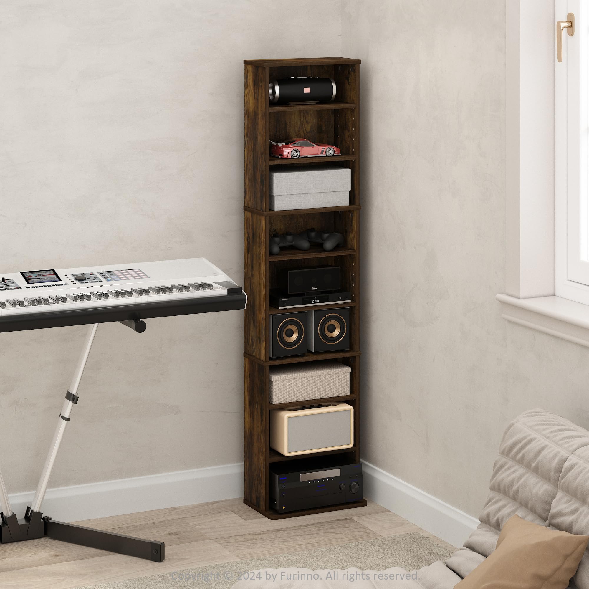 Furinno Jaya adjustable shelves accommodate DVDs, Blu-rays, and game boxes for flexible setup