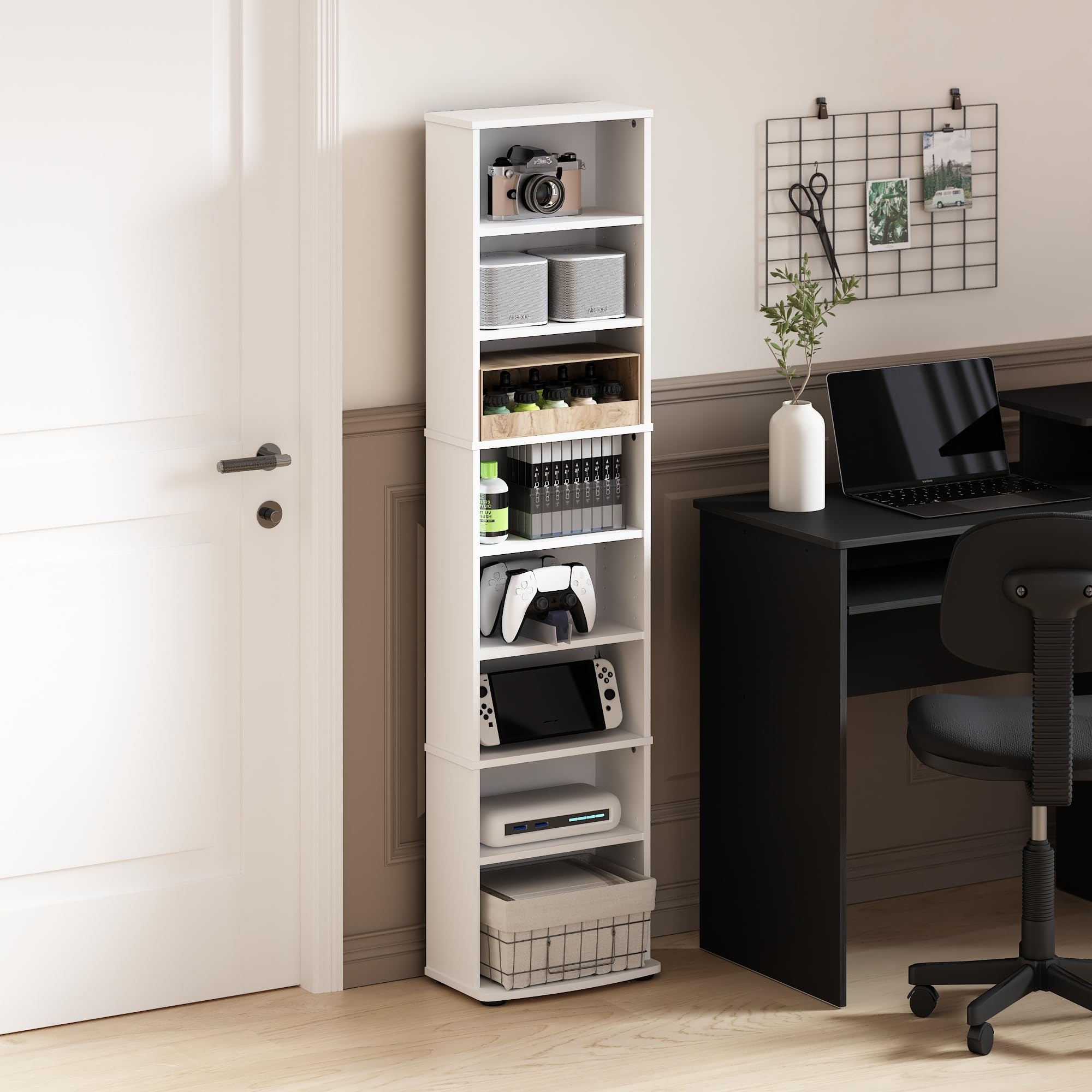 Furinno Jaya tall narrow media rack with anti-tip hardware for family safety
