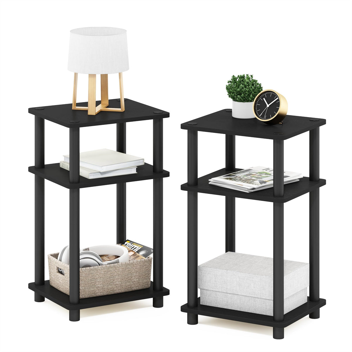 Furinno Just 3-Tier End Table Americano-Black, side view for compact living spaces.