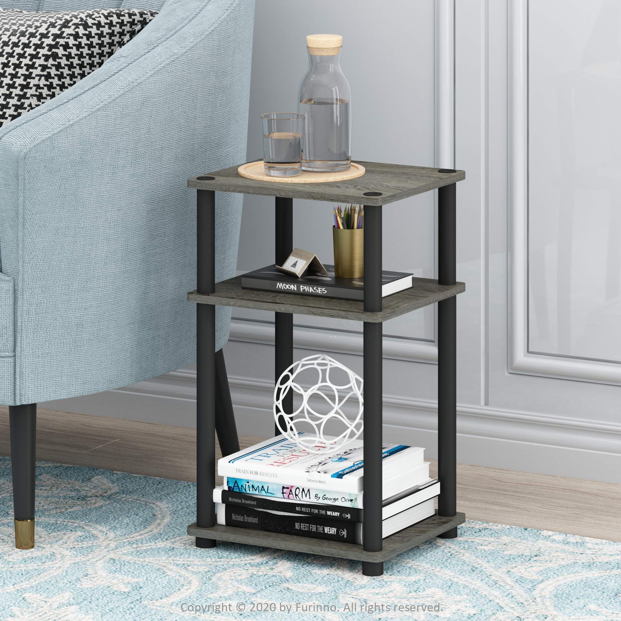 Furinno Just 3-tier end table open shelves side view highlighting organized storage.