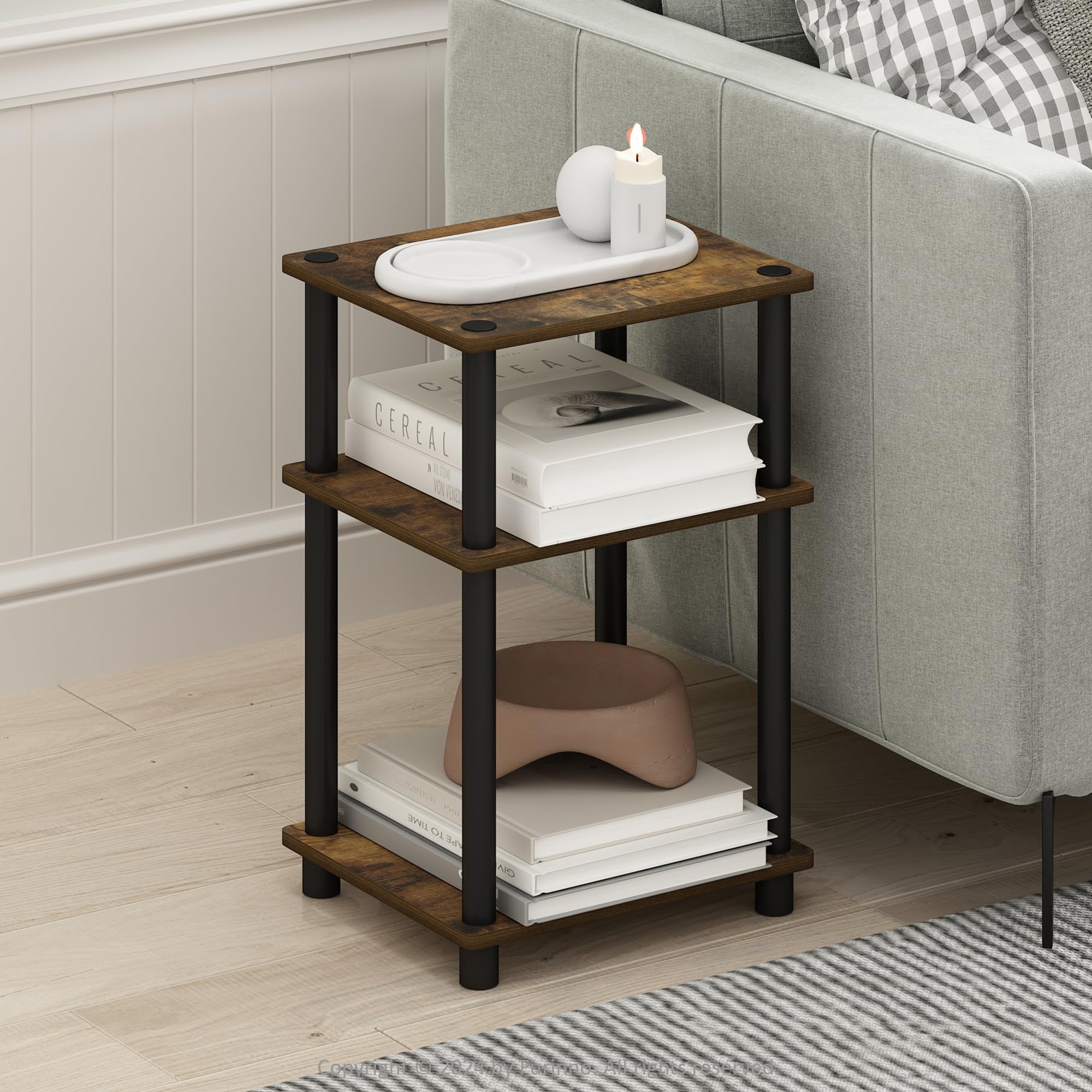 Three open shelves for books and decor on the Furinno JUST 3-tier end table