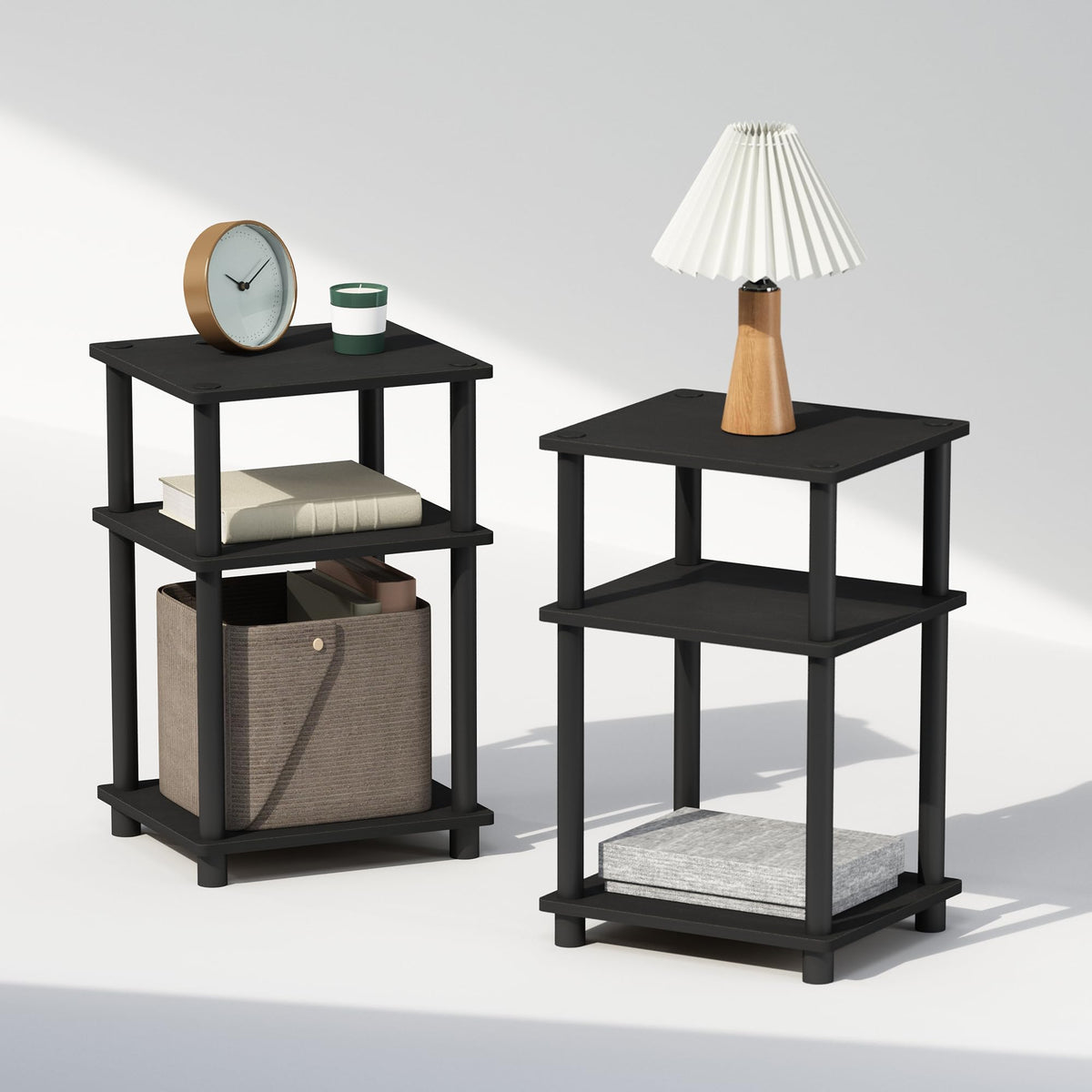 Furinno Just 3-Tier Turn-N-Tube nightstands 2-pack with open storage for quick bedside access.