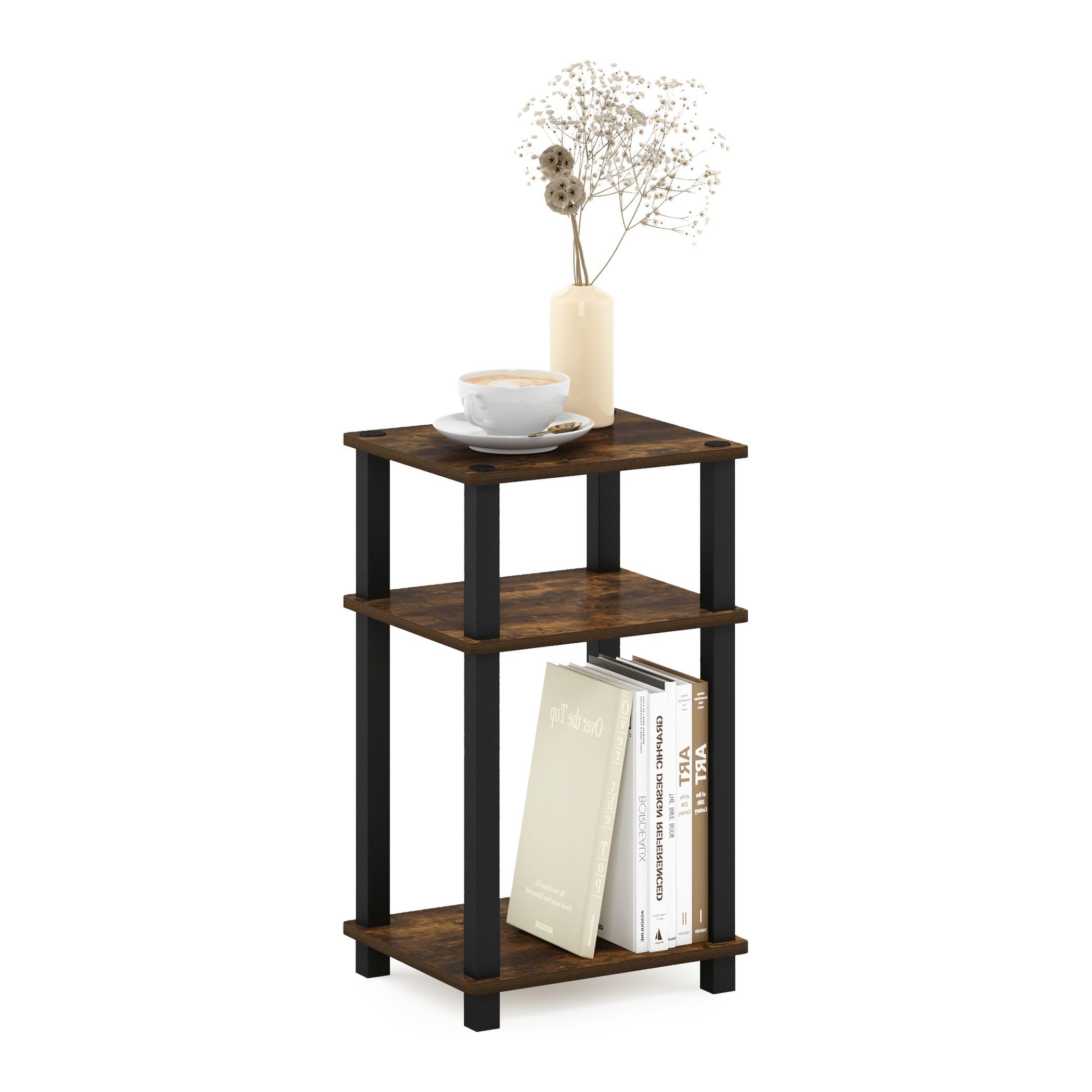 Furinno Just side table with 3-tier open shelf for compact storage.