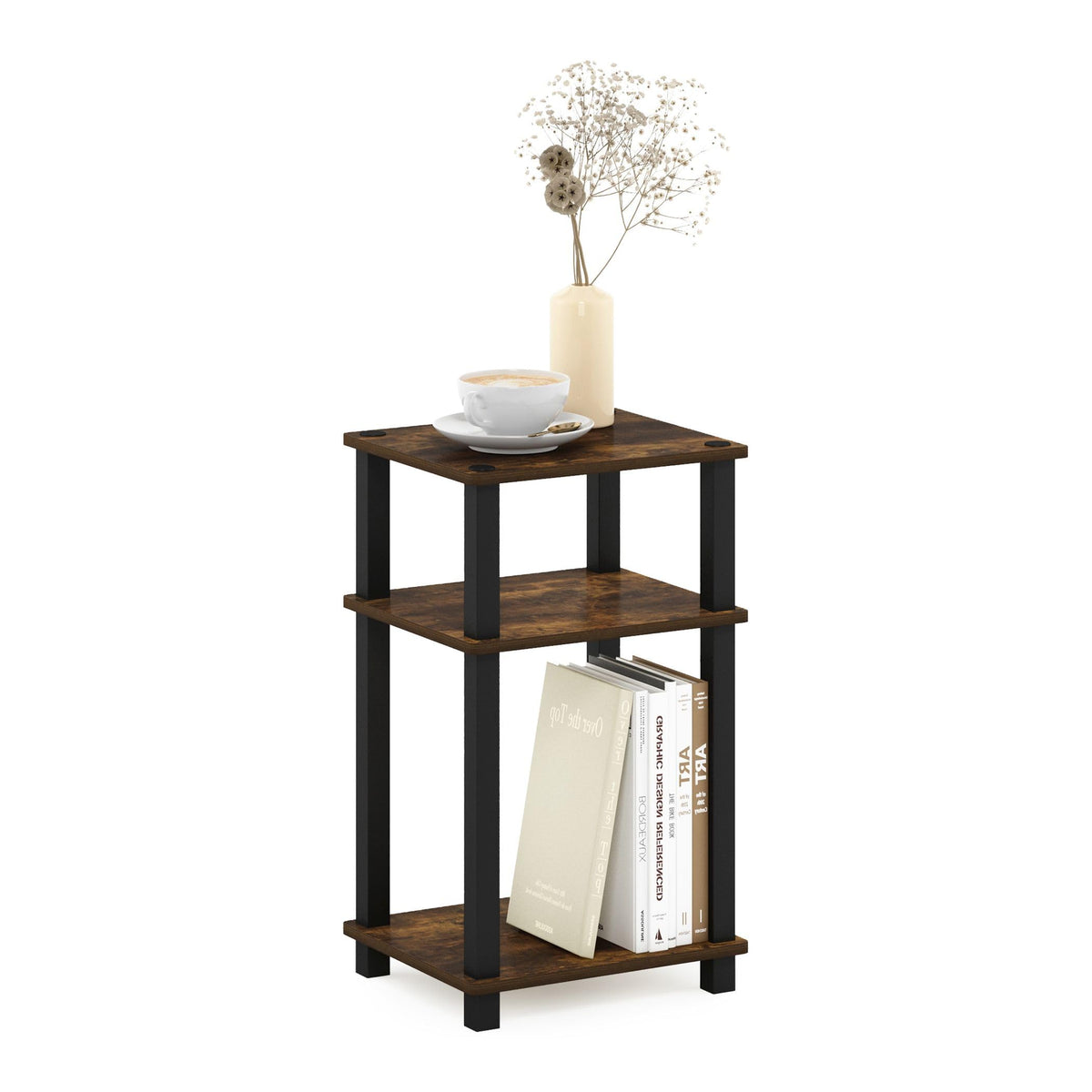 Furinno Just side table with 3-tier open shelf for compact storage.
