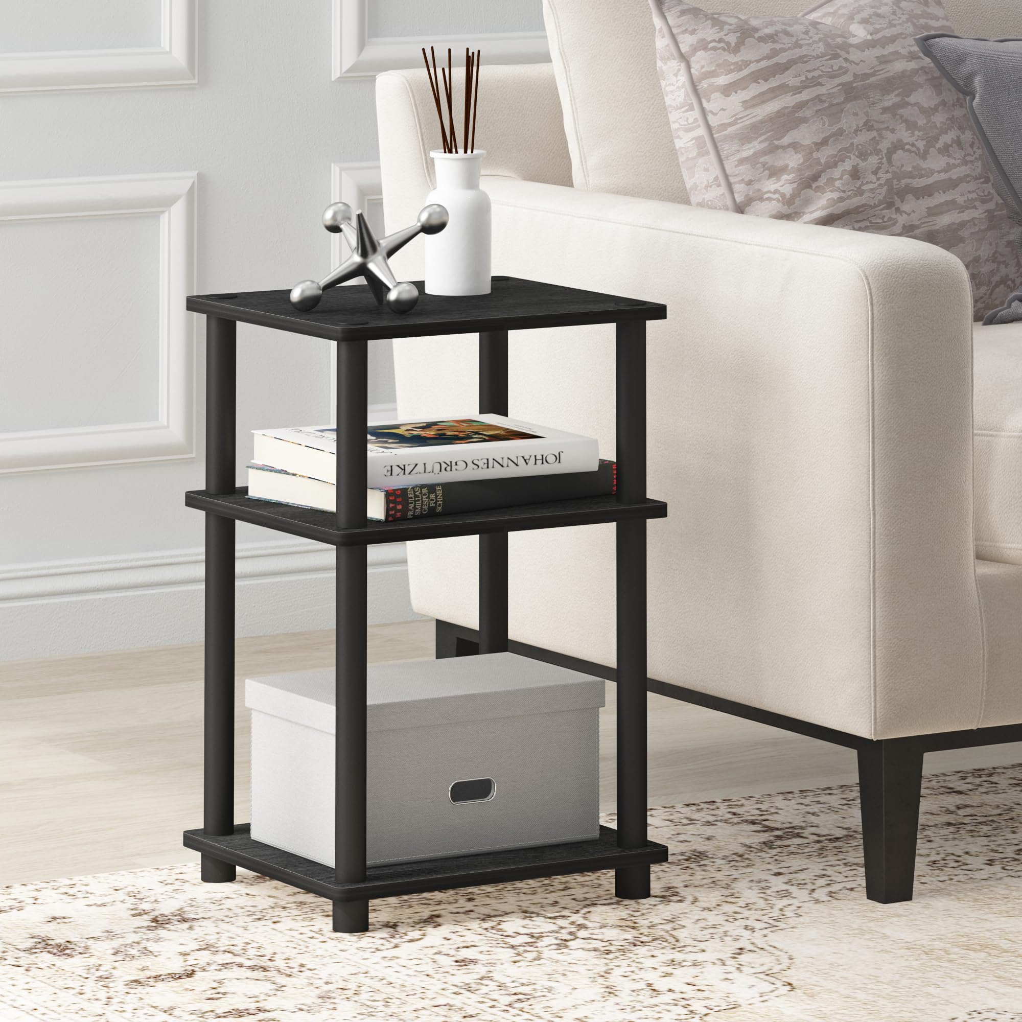 Furinno JUST bedside table providing easy access to essentials at night.