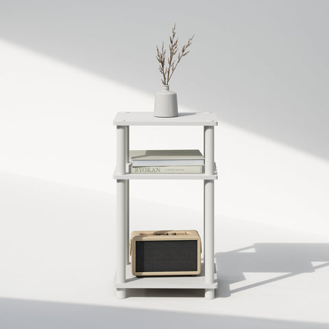 Three shelves provide flexible storage for living room or bedroom.