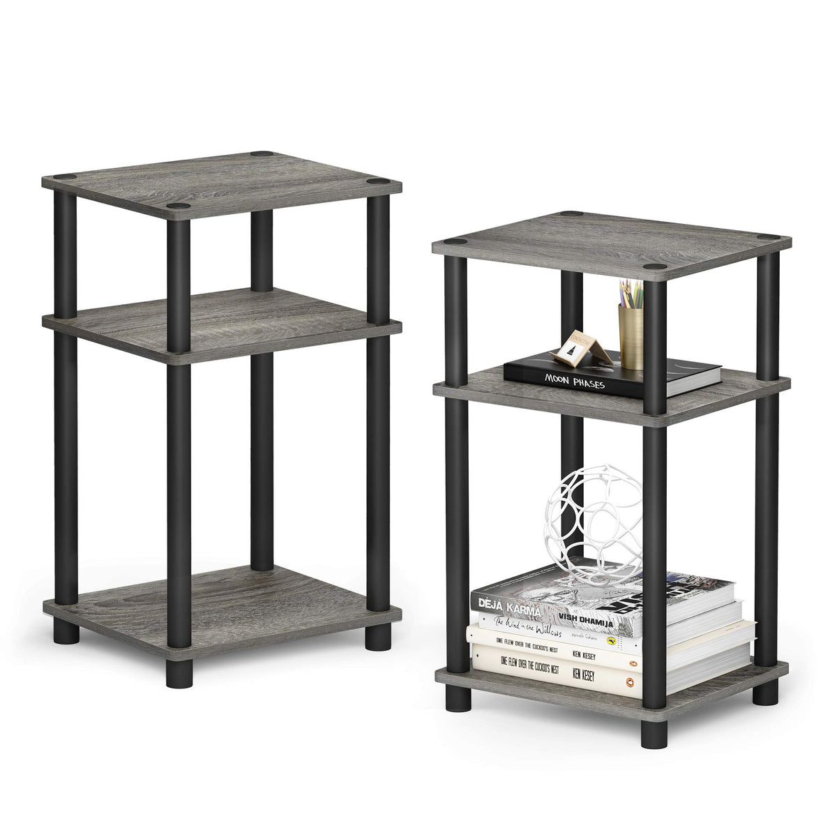 Furinno Just side table front view showing compact, space-saving two-pack setup.