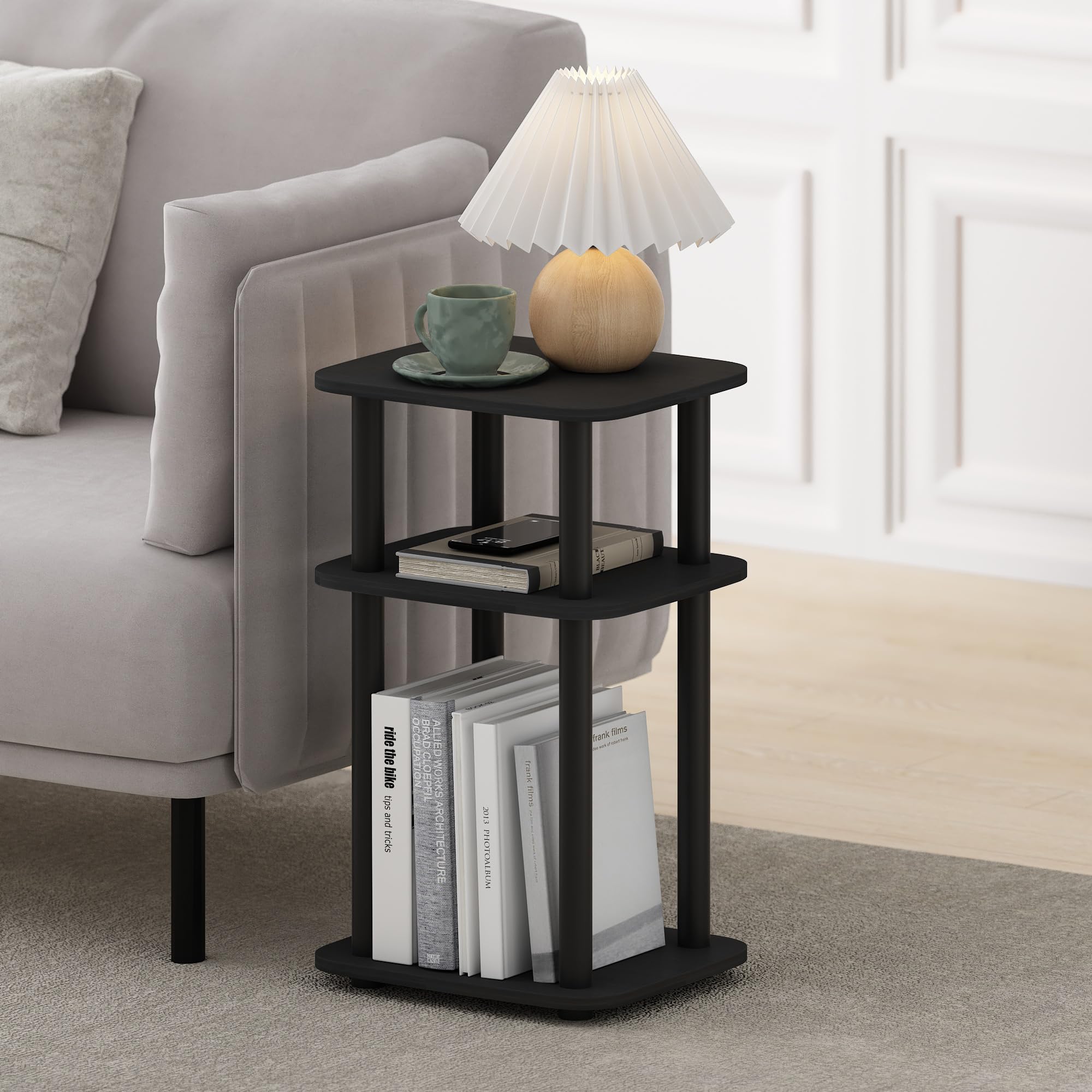 View of the Furinno Just end table with open shelves ready for essentials.