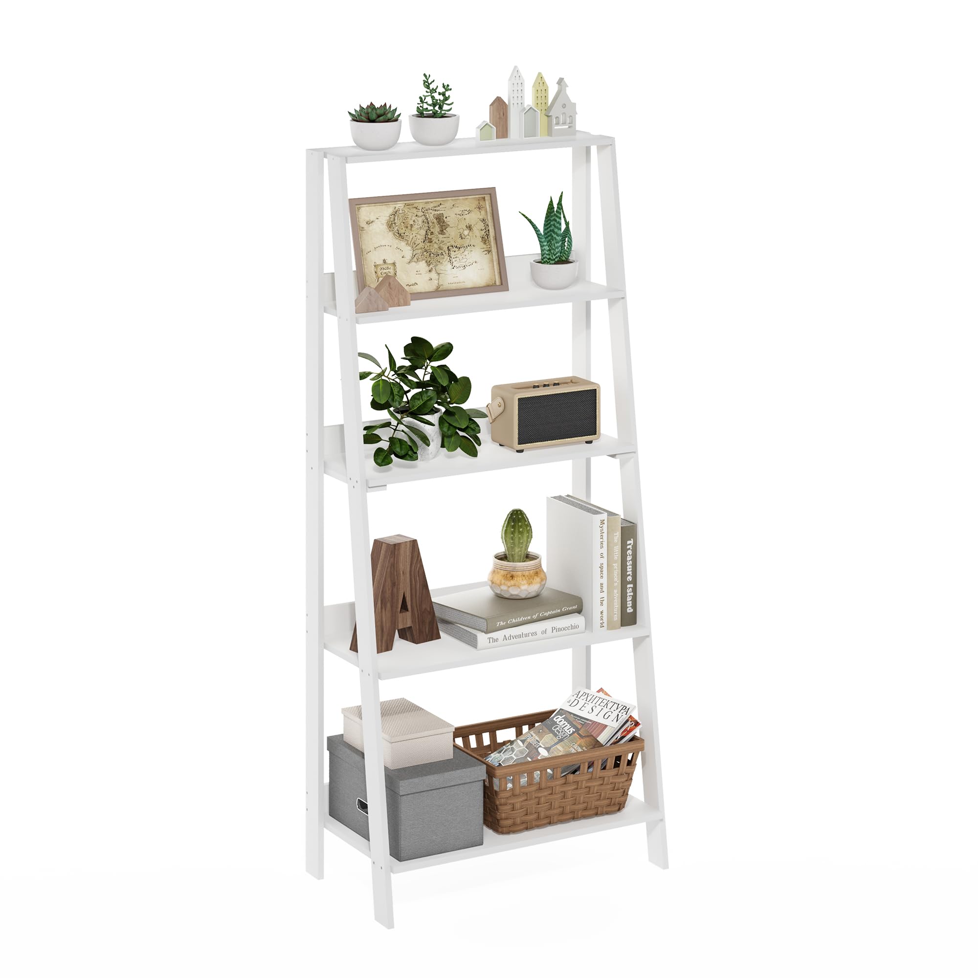 Furinno Ladder Bookcase 5-Tier White front view for compact storage.
